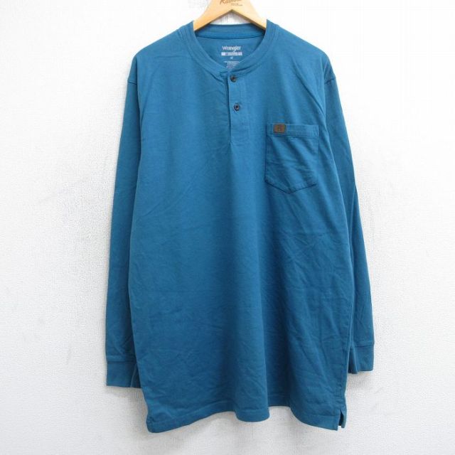 XL★古着 ラングラー Wrangler 長袖 Tシャツ メンズ ワンポイントロゴ 胸ポケット付き 大きいサイズ ロング丈 コットン ヘンリーネック 紺系 ネイビー 25jul02 中古