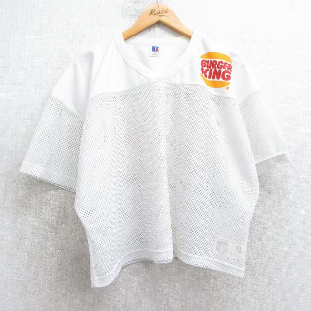 XL★古着 ラッセル 半袖 ビンテージ フットボール Tシャツ メンズ 90年代 90s バーガーキング 22 メッシュ地 ショート丈 大きいサイズ Vネック USA製 白 ホワイト ユニフォーム ゲームシャツ 【spe】 25jul02 中古