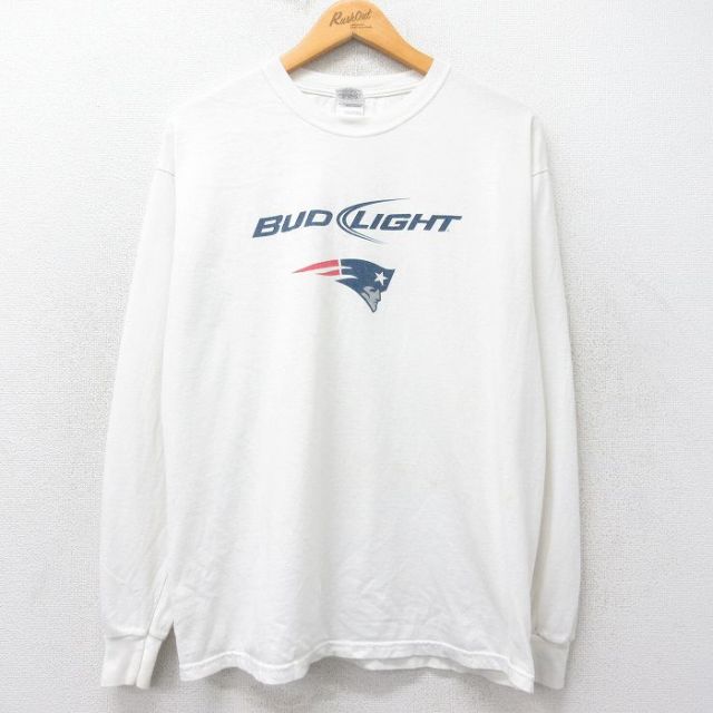 L★古着 長袖 ビンテージ Tシャツ メンズ 00年代 00s NFL ニューイングランドペイトリオッツ バドライト ビール コットン クルーネック 白 ホワイト アメフト スーパーボウル 25jul03 中古