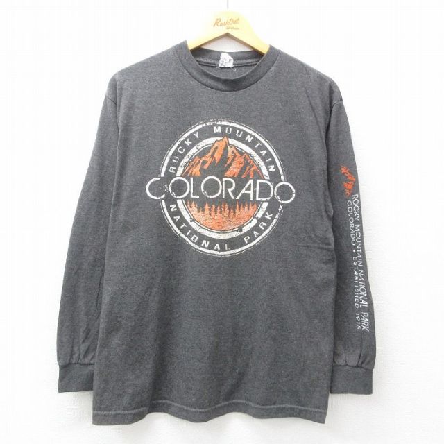 【20%OFF】M★古着 長袖 Tシャツ メンズ コロラド ロッキーマウンテン クルーネック 濃グレー 霜降り 25jul07 中古