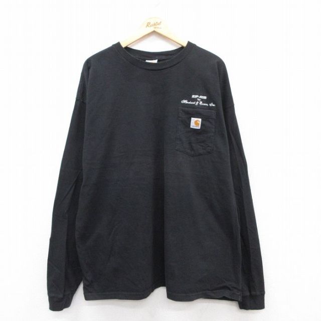 XL★古着 カーハート Carhartt 長袖 ビンテージ Tシャツ メンズ 00年代 00s ワンポイントロゴ ZIP RIB 胸ポケット付き 大きいサイズ コットン クルーネック 黒 ブラック 25jul12 中古