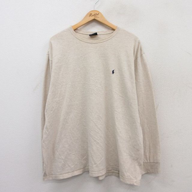 XL★古着 ラルフローレン Ralph Lauren 長袖 ブランド Tシャツ メンズ 90年代 90s ワンポイントロゴ 大きいサイズ コットン クルーネック 薄ベージュ カーキ 霜降り 25jul12 中古