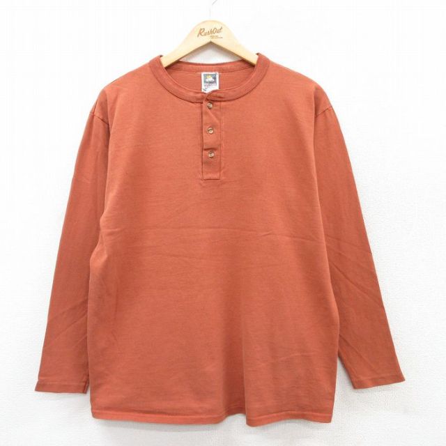 L★古着 長袖 ビンテージ Tシャツ メンズ 90年代 90s 無地 コットン ヘンリーネック USA製 オレンジ系 25jul12 中古