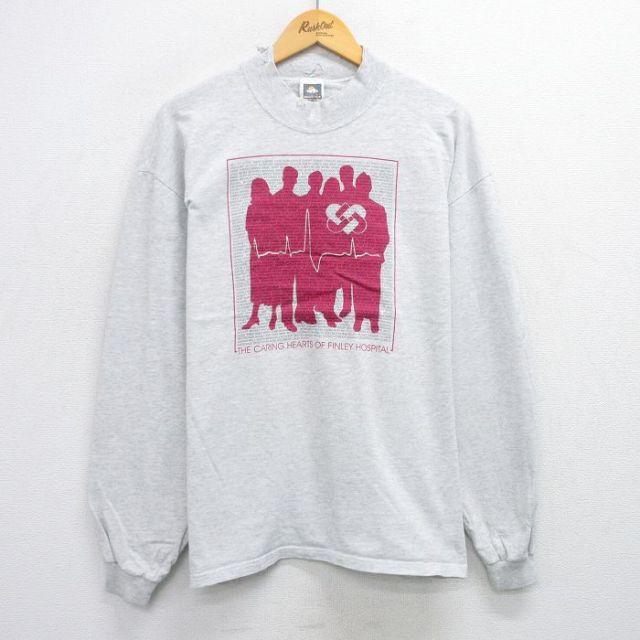 XL★古着 長袖 ビンテージ Tシャツ メンズ 90年代 90s HOSPITAL 大きいサイズ モックネック ハイネック USA製 薄グレー 霜降り 25jul14 中古