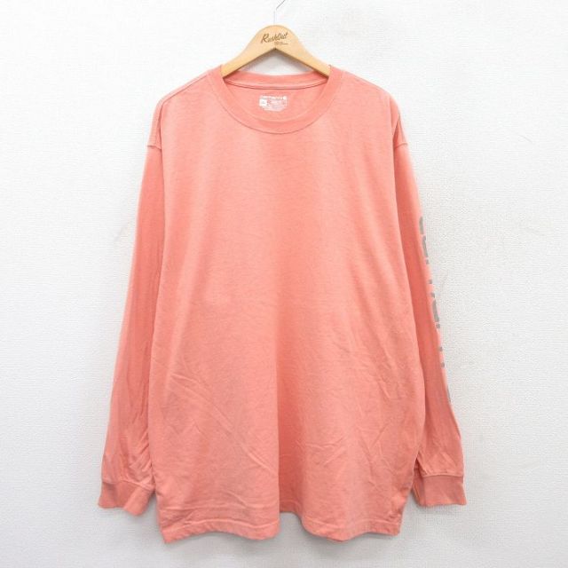 【50%OFF】XL★古着 カーハート Carhartt 長袖 Tシャツ メンズ ビッグロゴ 大きいサイズ ロング丈 クルーネック ピンク系 25jul14 中古