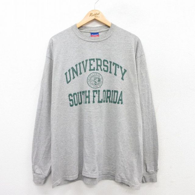 XL★古着 チャンピオン champion 長袖 ビンテージ Tシャツ メンズ 00年代 00s 大学 サウスフロリダ 大きいサイズ クルーネック グレー 霜降り 25jul15 中古