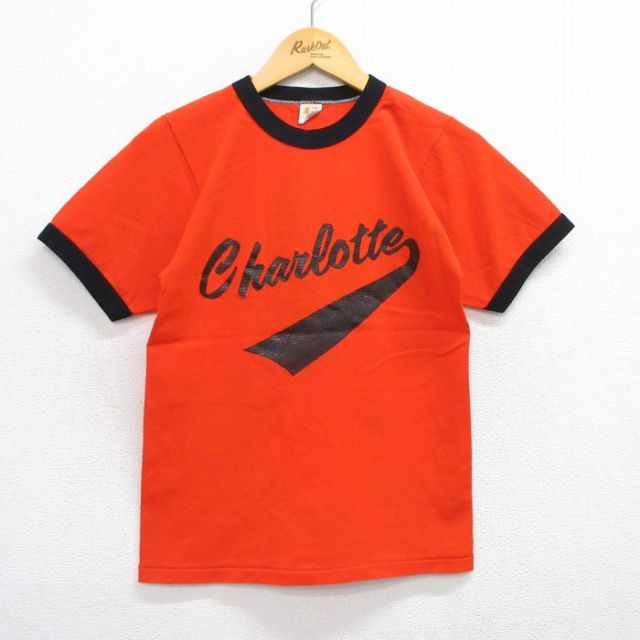 S★古着 ラッセル 半袖 ビンテージ Tシャツ メンズ 70年代 70s シャーロット 4 クルーネック USA製 オレンジ他 ユニフォーム ゲームシャツ 25jul16 中古