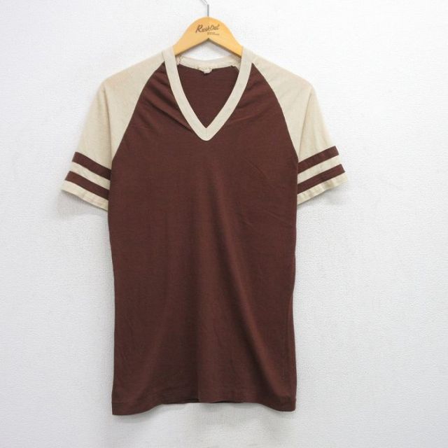 S★古着 半袖 ビンテージ Tシャツ メンズ 80年代 80s 無地 ラグラン Vネック 濃ベージュ他 カーキ 25jul16 中古