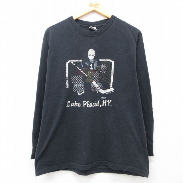 L★古着 長袖 ビンテージ Tシャツ メンズ 90年代 90s アイスホッケー コットン クルーネック USA製 黒 ブラック 25jul19 中古