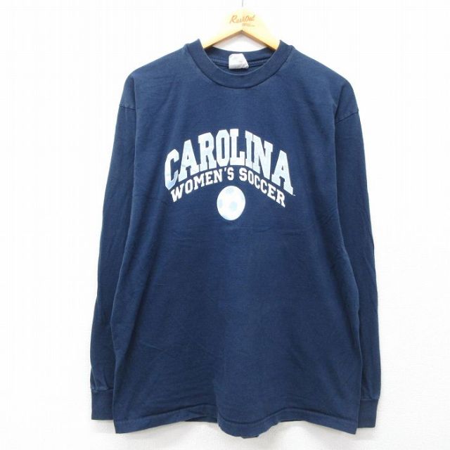 XL★古着 長袖 ビンテージ Tシャツ メンズ 90年代 90s カロライナ コットン クルーネック USA製 紺 ネイビー 25jul19 中古