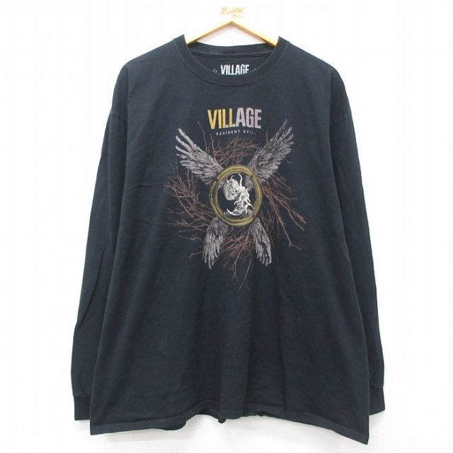 XL★古着 長袖 Tシャツ メンズ ゲーム バイオハザード ヴィレッジ 大きいサイズ コットン クルーネック 黒 ブラック 25jul19 中古