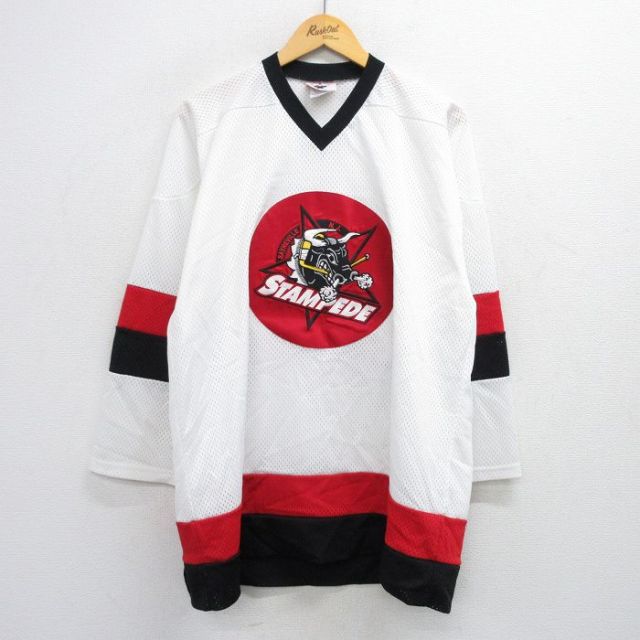 XL★古着 長袖 ビンテージ Tシャツ アイスホッケー ジャージ メンズ 90年代 90s STAMPEDE メッシュ地 大きいサイズ ロング丈 Vネック USA製 白他 ホワイト ユニフォーム ゲームシャツ 25jul19 中古