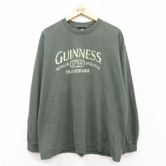 XL★古着 長袖 ビンテージ Tシャツ メンズ 00年代 00s ギネス ビール コットン クルーネック 緑 グリーン 25jul22 中古