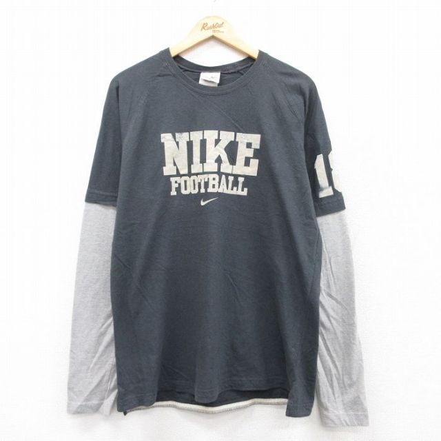 L★古着 ナイキ NIKE 長袖 ビンテージ Tシャツ メンズ 00年代 00s ビッグロゴ フロッキープリント ラグラン クルーネック 濃グレー他 25jul22 中古