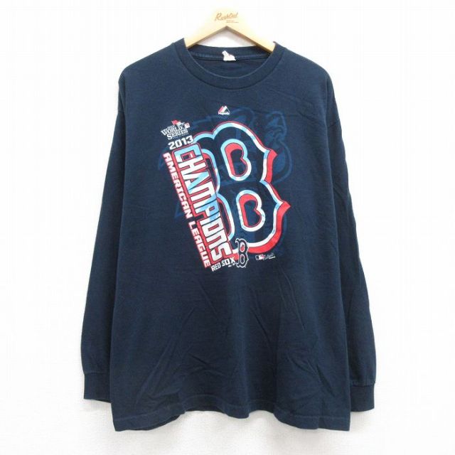 XL★古着 長袖 Tシャツ メンズ MLB ボストンレッドソックス ワールドシリーズ クルーネック 紺 ネイビー メジャーリーグ ベースボール 野球 25jul22 中古