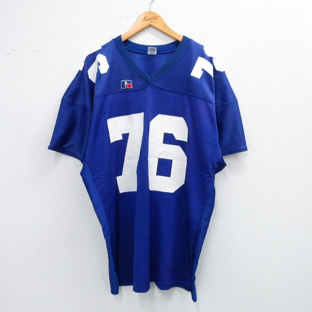 【50%OFF】XL★古着 ラッセル 半袖 ビンテージ フットボール Tシャツ メンズ 80年代 80s 76 メッシュ地 大きいサイズ ロング丈 Vネック USA製 青 ブルー ゲームシャツ ユニフォーム 【spe】 25jul25 中古