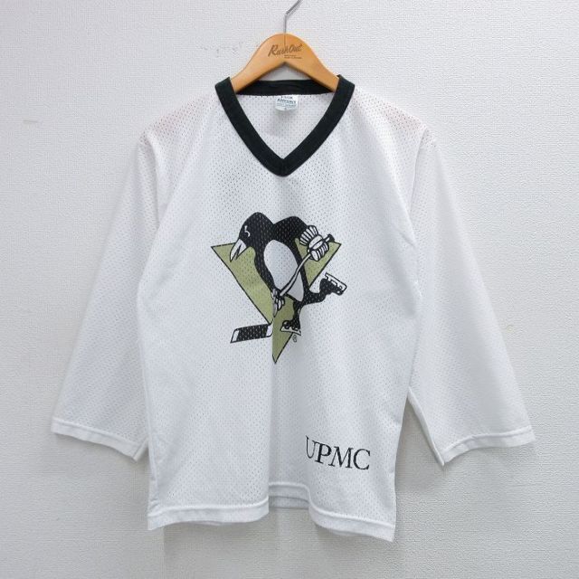 M★古着 長袖 ビンテージ Tシャツ メンズ 90年代 90s NHL ピッツバーグペンギンズ 87 メッシュ地 Vネック USA製 白 ホワイト 25jul25 中古