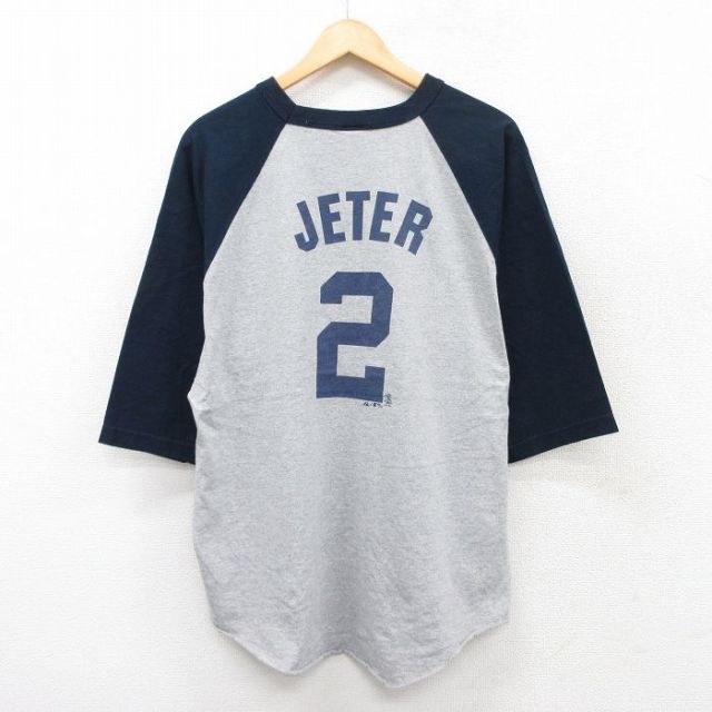 XL★古着 マジェスティック 7分袖 Tシャツ メンズ MLB ニューヨークヤンキース デレクジーター 2 ラグラン ツートンカラー クルーネック グレー 霜降り他 メジャーリーグ ベースボール 野球 25jul25 中古 7分丈 七分丈 七分袖