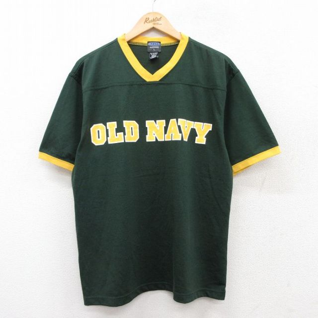 XL★古着 オールドネイビー OLD NAVY 半袖 ビンテージ フットボール Tシャツ メンズ 00年代 00s ビッグロゴ Vネック 緑他 グリーン 25jul25 中古