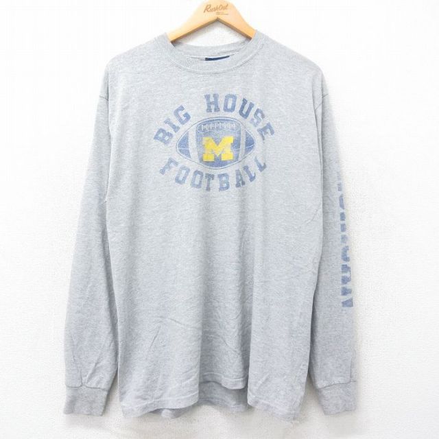 【50%OFF】L★古着 長袖 ビンテージ Tシャツ メンズ 00年代 00s ミシガン フットボール クルーネック グレー 霜降り 25jul25 中古