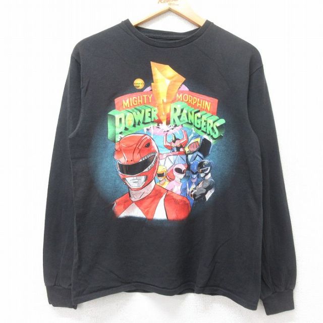 M★古着 長袖 Tシャツ メンズ パワーレンジャー コットン クルーネック 黒 ブラック 25jul25 中古