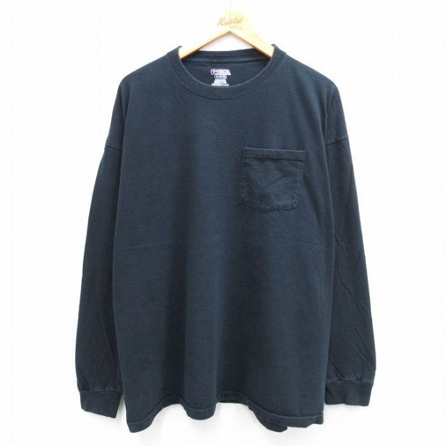 【20%OFF】XL★古着 ラッセル 長袖 Tシャツ メンズ 無地 胸ポケット付き 大きいサイズ クルーネック 黒 ブラック 25jul26 中古