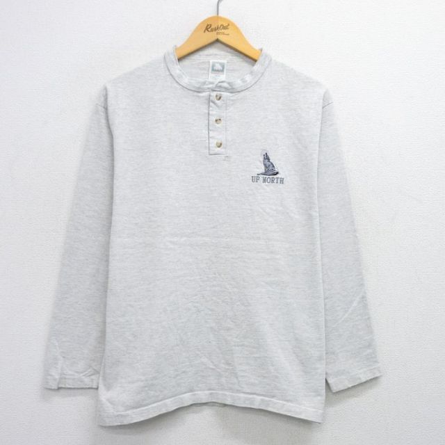 【50%OFF】L★古着 長袖 ビンテージ Tシャツ メンズ 90年代 90s オオカミ UP NORTH ヘンリーネック USA製 薄グレー 霜降り 25jul26 中古