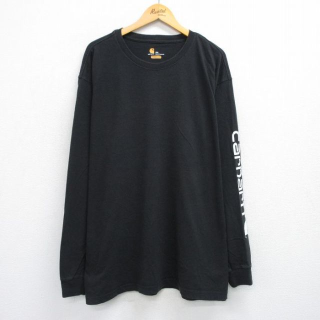 【50%OFF】XL★古着 カーハート Carhartt 長袖 Tシャツ メンズ ビッグロゴ 大きいサイズ ロング丈 コットン クルーネック 黒 ブラック 25jul26 中古