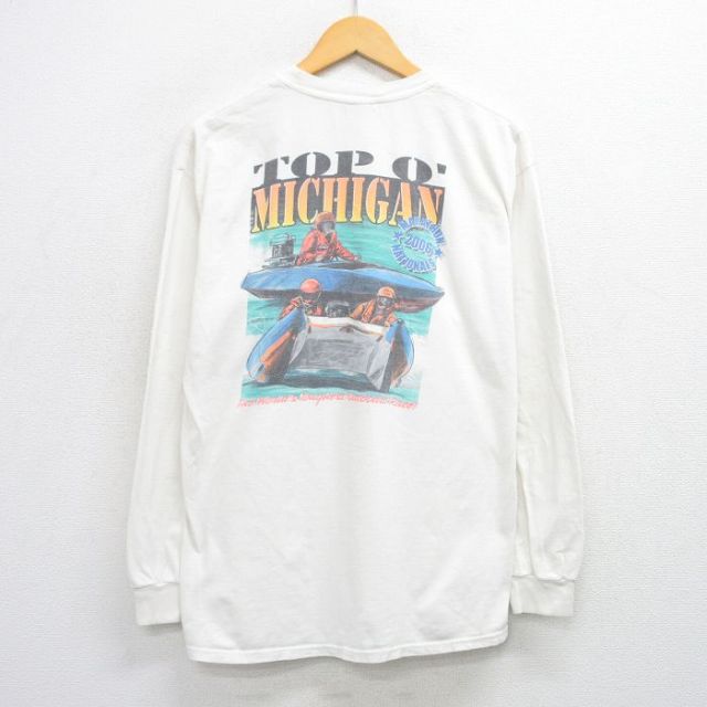 L★古着 ヘインズ Hanes 長袖 ビンテージ Tシャツ メンズ 00年代 00s ミシガン ボート コットン クルーネック 白 ホワイト 25jul26 中古