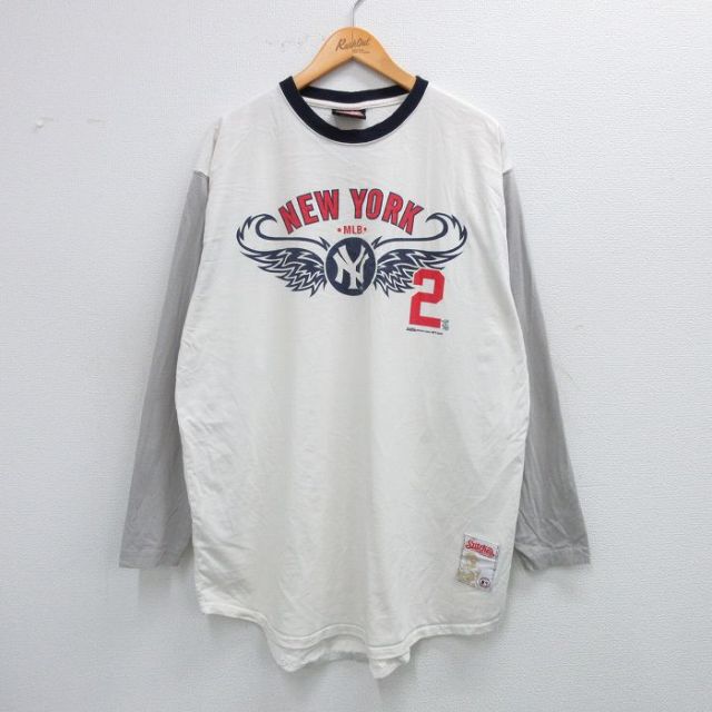【50%OFF】XL★古着 長袖 ビンテージ Tシャツ メンズ 00年代 00s MLB ニューヨークヤンキース 大きいサイズ ロング丈 コットン クルーネック 白他 ホワイト メジャーリーグ ベースボール 野球 25jul28 中古