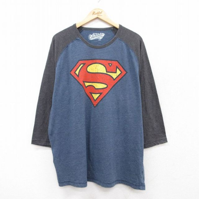 XL★古着 オールドネイビー OLD NAVY 7分袖 Tシャツ メンズ DCコミックス スーパーマン ツートンカラー ラグラン ロング丈 大きいサイズ クルーネック 紺 ネイビー 霜降り他 【spe】 25jul29 中古 7分丈 七分丈 七分袖