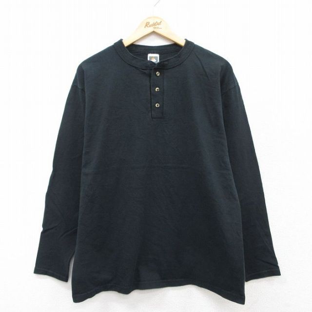 XL★古着 長袖 ビンテージ Tシャツ メンズ 90年代 90s 無地 コットン ヘンリーネック 黒 ブラック 25jul29 中古