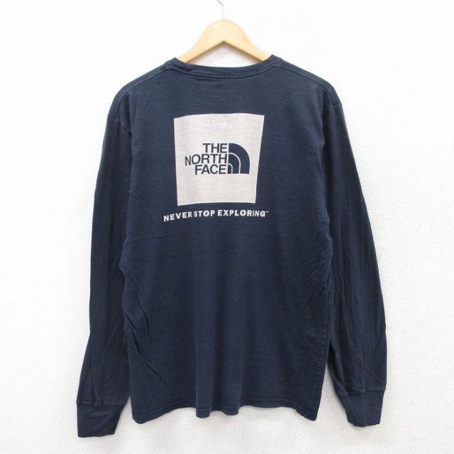 XL★古着 ノースフェイス THE NORTH FACE 長袖 Tシャツ メンズ ビッグロゴ コットン クルーネック 紺 ネイビー 25jul29 中古