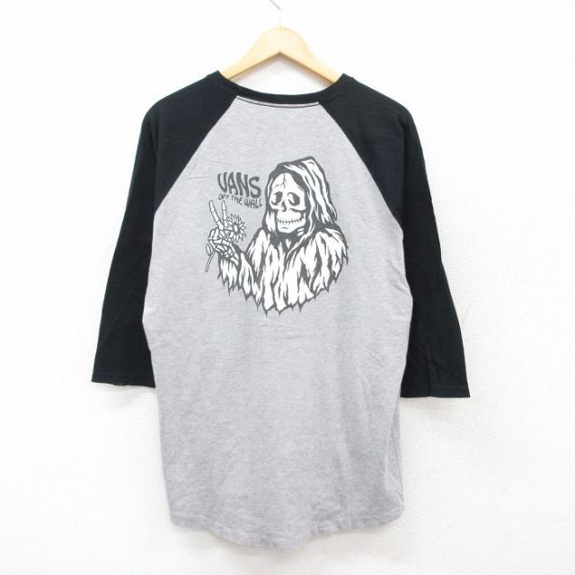 L★古着 バンズ VANS 7分袖 Tシャツ メンズ スケルトン ラグラン ツートンカラー クルーネック グレー 霜降り他 25jul29 中古 7分丈 七分丈 七分袖