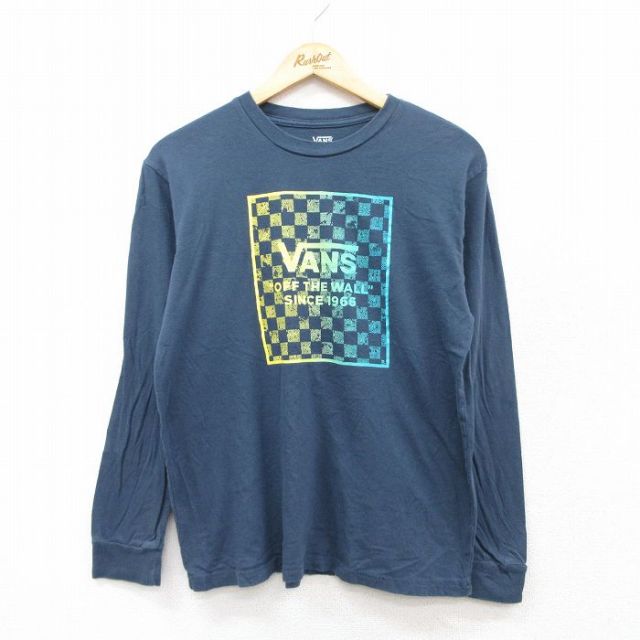 【20%OFF】L★古着 バンズ VANS 長袖 Tシャツ メンズ ビッグロゴ コットン クルーネック 紺 ネイビー 25jul29 中古