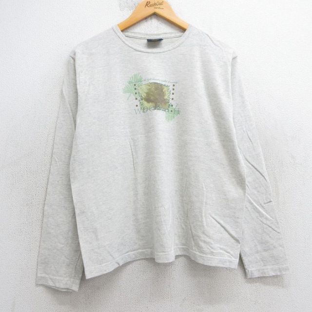 【50%OFF】L★古着 ウールリッチ WOOLRICH 長袖 ビンテージ Tシャツ メンズ 90年代 90s ビッグロゴ 葉 コットン クルーネック USA製 薄グレー 霜降り 【spe】 25jul29 中古