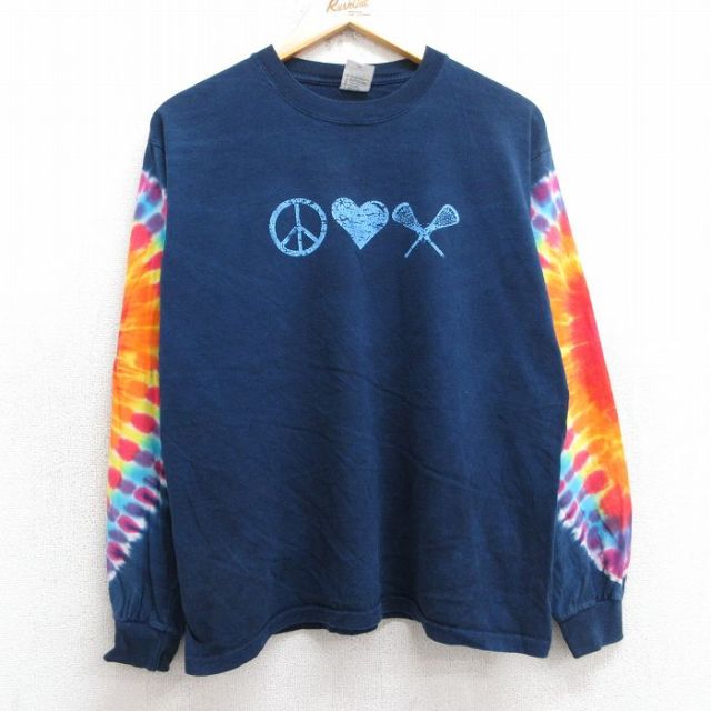 L★古着 長袖 ビンテージ Tシャツ メンズ 00年代 00s ラクロス ハート ピースマーク コットン クルーネック 紺他 ネイビー タイダイ 25jul30 中古