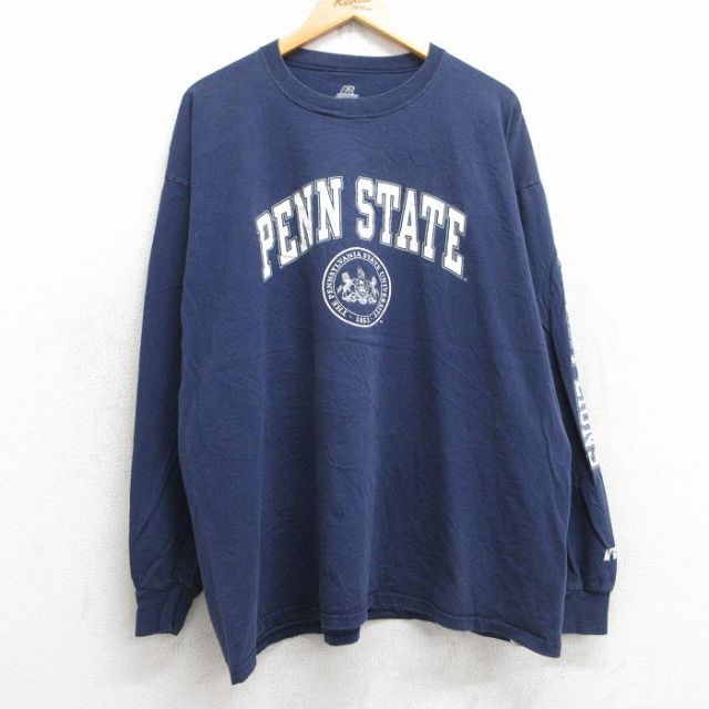 【20%OFF】XL★古着 ラッセル 長袖 Tシャツ メンズ ペンシルベニア カレッジ 大きいサイズ コットン クルーネック 紺 ネイビー 25jul30 中古