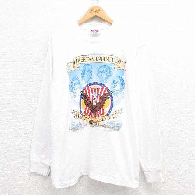 XL★古着 長袖 ビンテージ Tシャツ メンズ 00年代 00s トーマスジェファーソン コットン クルーネック USA製 白 ホワイト 25jul29 中古