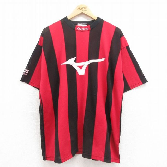 【20%OFF】XL★古着 ミズノ 半袖 ビンテージ Tシャツ メンズ 90年代 90s ビッグロゴ 大きいサイズ メッシュ地 クルーネック イギリス製 赤他 レッド ストライプ 25jul29 中古