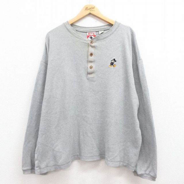 XL★古着 長袖 ビンテージ Tシャツ メンズ 90年代 90s ディズニー DISNEY ミッキー MICKEY MOUSE 大きいサイズ ヘンリーネック グレー 霜降り 25jul29 中古