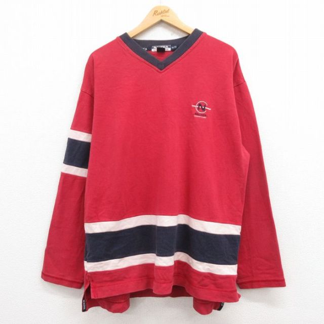 【50%OFF】XL★古着 ノーティカ NAUTICA 長袖 ブランド Tシャツ メンズ 00年代 00s ワンポイントロゴ コンペティション 大きいサイズ コットン Vネック 赤 レッド 25jul29 中古