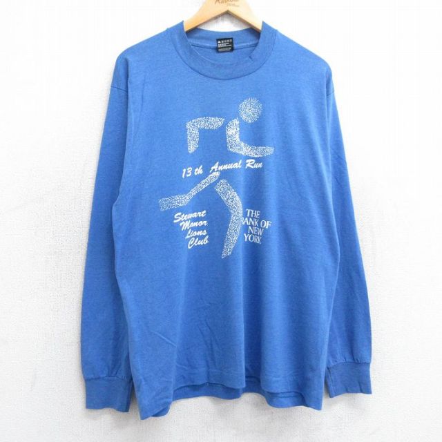 L★古着 フルーツオブザルーム 長袖 ビンテージ Tシャツ メンズ 90年代 90s マラソン クルーネック USA製 薄紺 ネイビー 霜降り 25jul31 中古