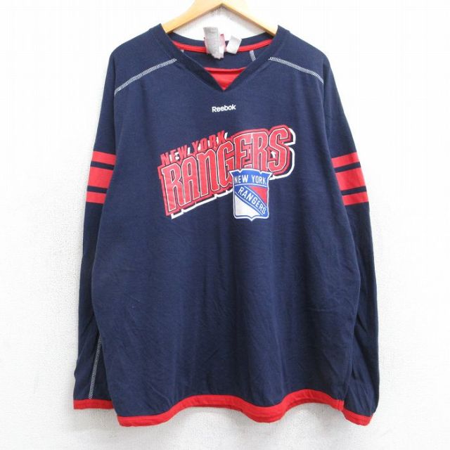 【50%OFF】XL★古着 リーボック REEBOK 長袖 ビンテージ Tシャツ メンズ 00年代 00s NHL ニューヨークレンジャーズ ラグラン 大きいサイズ Vネック 紺 ネイビー アイスホッケー 25jul31 中古