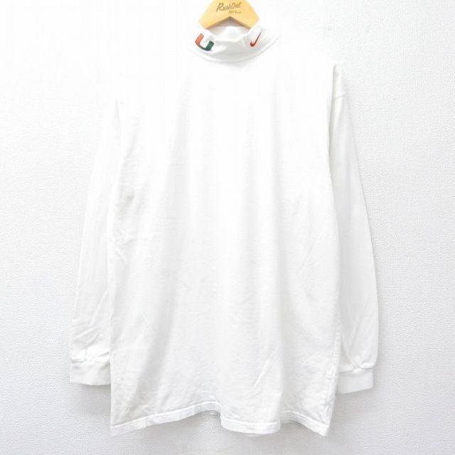 XL★古着 ナイキ NIKE 長袖 ビンテージ Tシャツ メンズ 00年代 00s ワンポイントロゴ マイアミハリケーンズ コットン モックネック ハイネック カナダ製 白 ホワイト 25aug04 中古