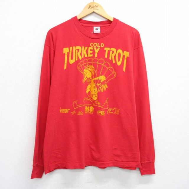 XL★古着 フルーツオブザルーム 長袖 ビンテージ Tシャツ メンズ 90年代 90s 鳥 企業広告 大きいサイズ コットン クルーネック USA製 赤 レッド 25aug06 中古