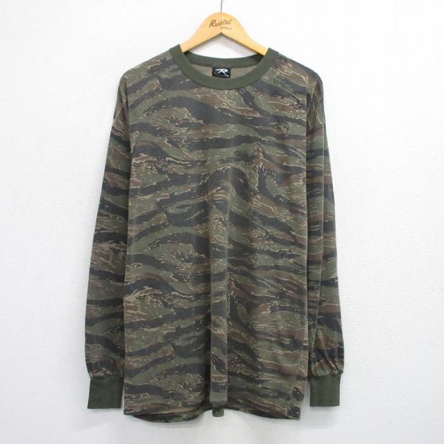 XL★古着 ロスコ 長袖 Tシャツ メンズ 00年代 00s タイガーカモ 大きいサイズ クルーネック 濃緑他 グリーン 迷彩 【spe】 25aug06 中古