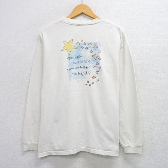 【50%OFF】XL★古着 長袖 Tシャツ メンズ Star 星 クルーネック 白 ホワイト 25aug07 中古