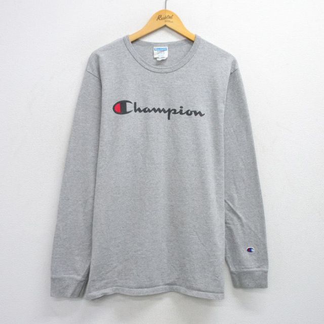 【50%OFF】XL★古着 チャンピオン champion 長袖 Tシャツ メンズ ビッグロゴ クルーネック グレー 霜降り 25aug07 中古