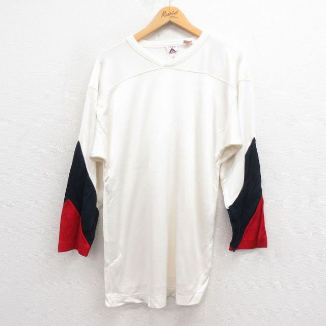 M★古着 長袖 ビンテージ フットボール Tシャツ メンズ 80年代 80s 無地 Vネック 白 ホワイト 25aug09 中古